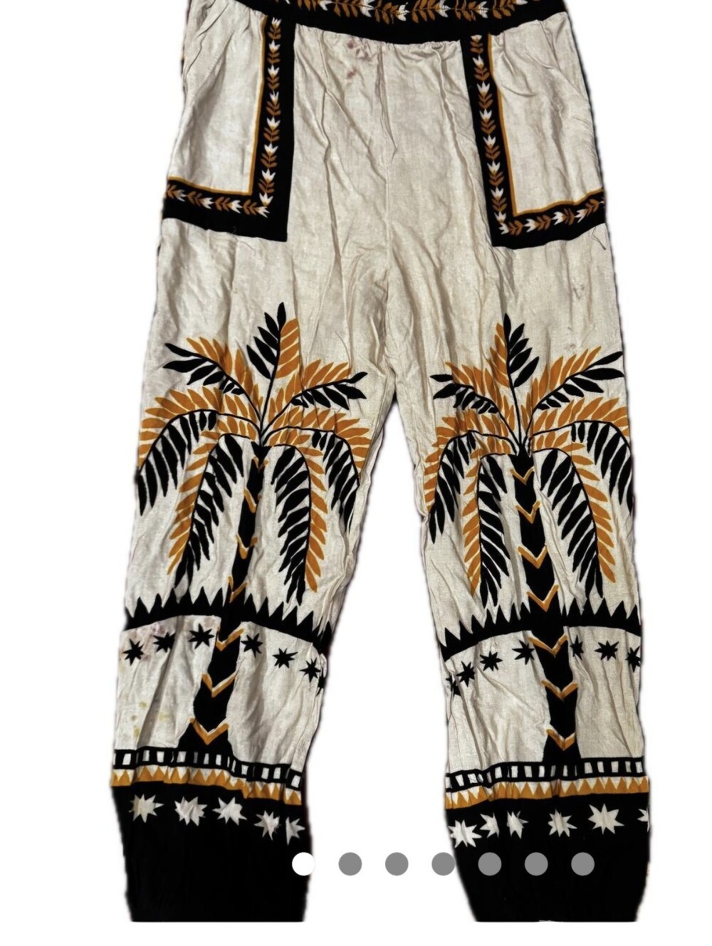 FARM Rio Cream Palm-Print Wide Leg Pants with Black & Gold Accents